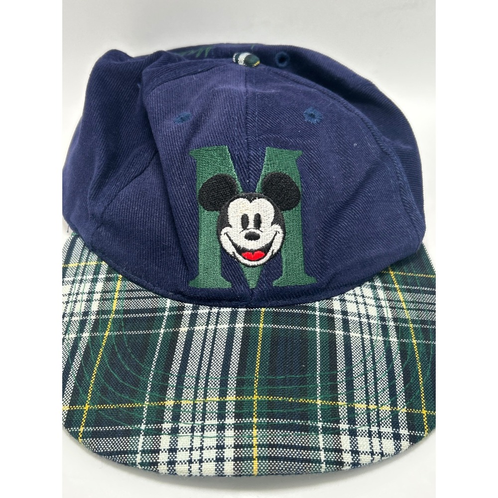 Disney Mickey Mouse Hat Unisex OSFA Navy Blue Plaid Corduroy Snapback Cap